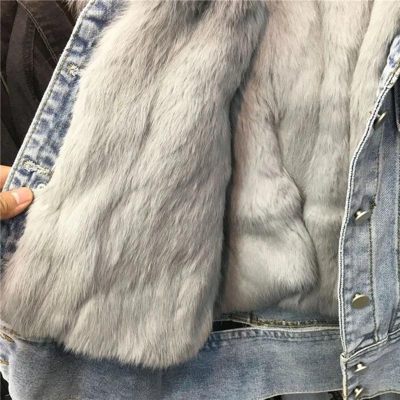 Real Fox fur thick warm denim parkas female winter coat