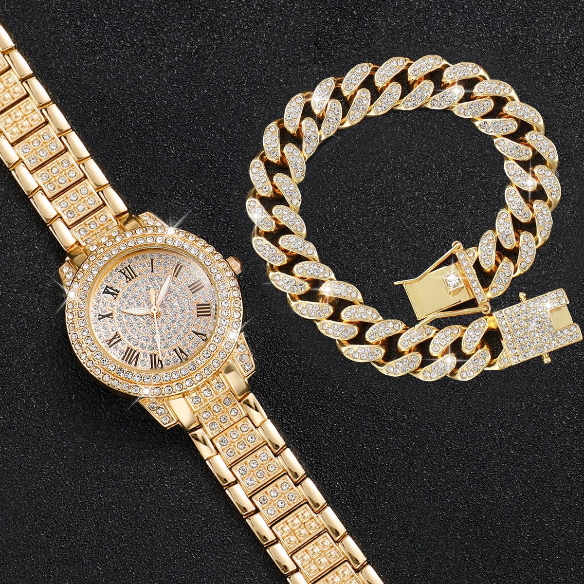 Damen-Uhren 2025: 2PCS Fashion Diamond Gold - Luxury Rhinestone Bracelet Watches Ladies Collection