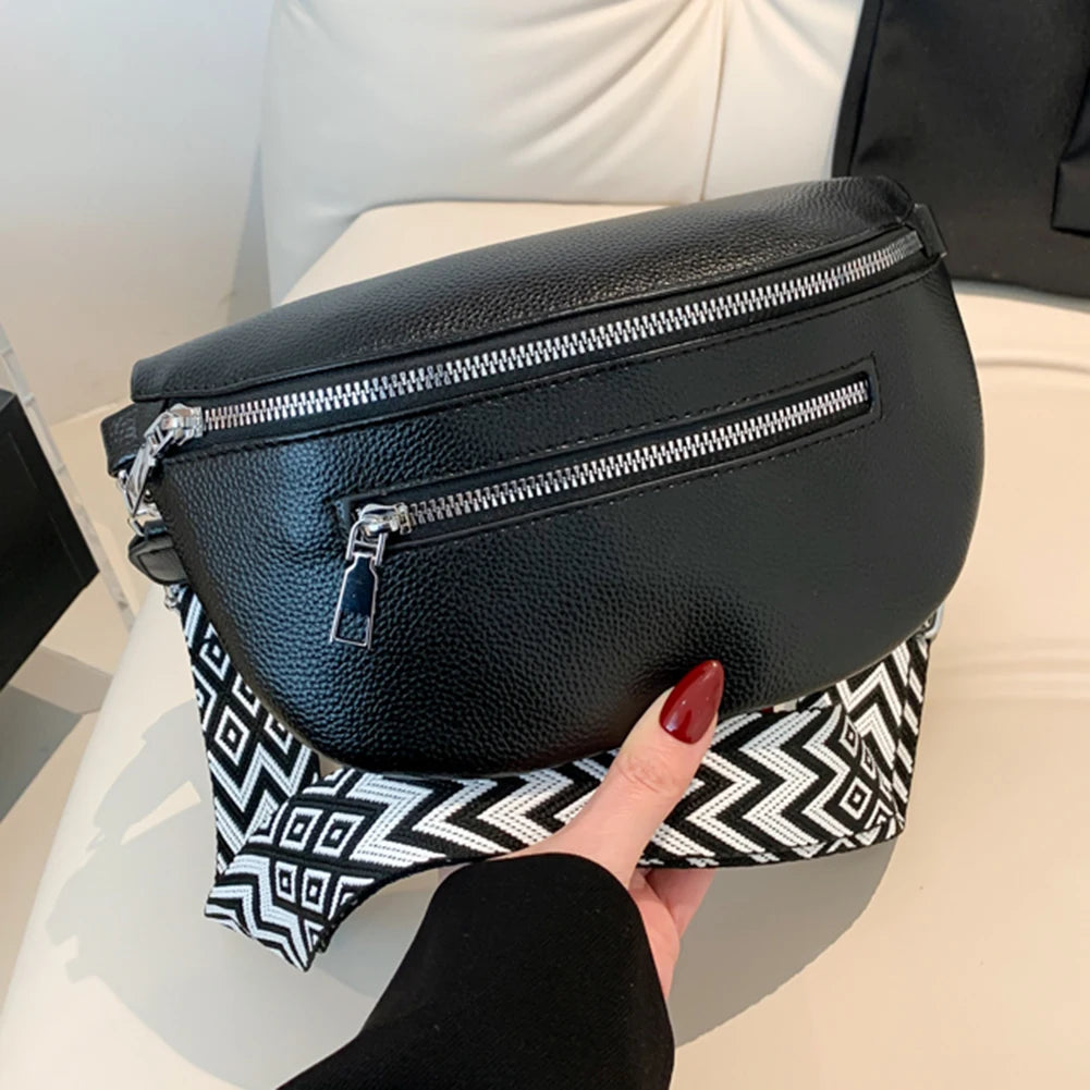 Women Stylish Crossbody Bag with Wide Strap Retro Fanny Pack PU Leather Simple Shoulder Bag Travel Outdoor Bag