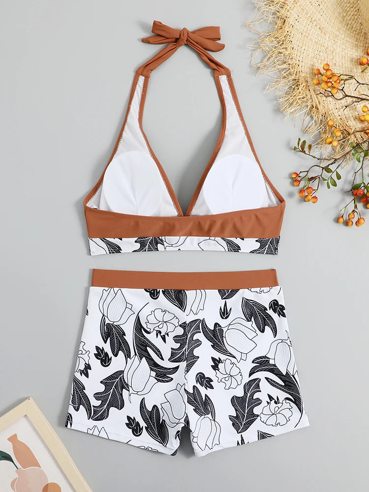 Halter Bikini Set Rot High Waist Design Wire-Free Support Spandex Polyester Kurzer Schwimmanzug