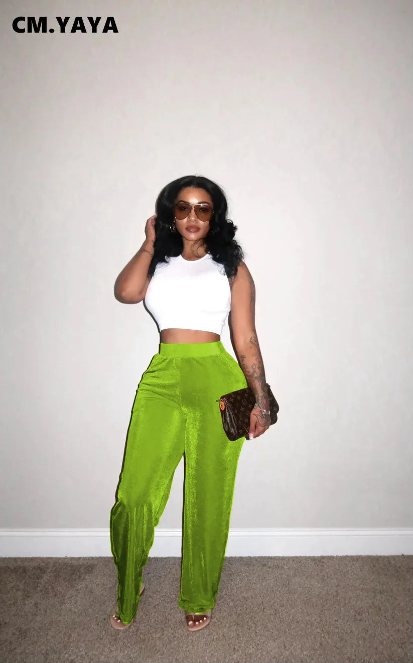 CM.YAYA Samt Hohe Taille Hose - Elast Bund Polyester S-XL