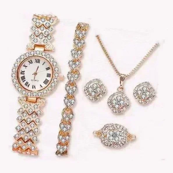 Mode Luxus Vollkristall 5-teiliges Set - Uhr Halskette Ohrringe Ring Set für Damen - Strass Armbanduhr Damen Armband Set Geschenk