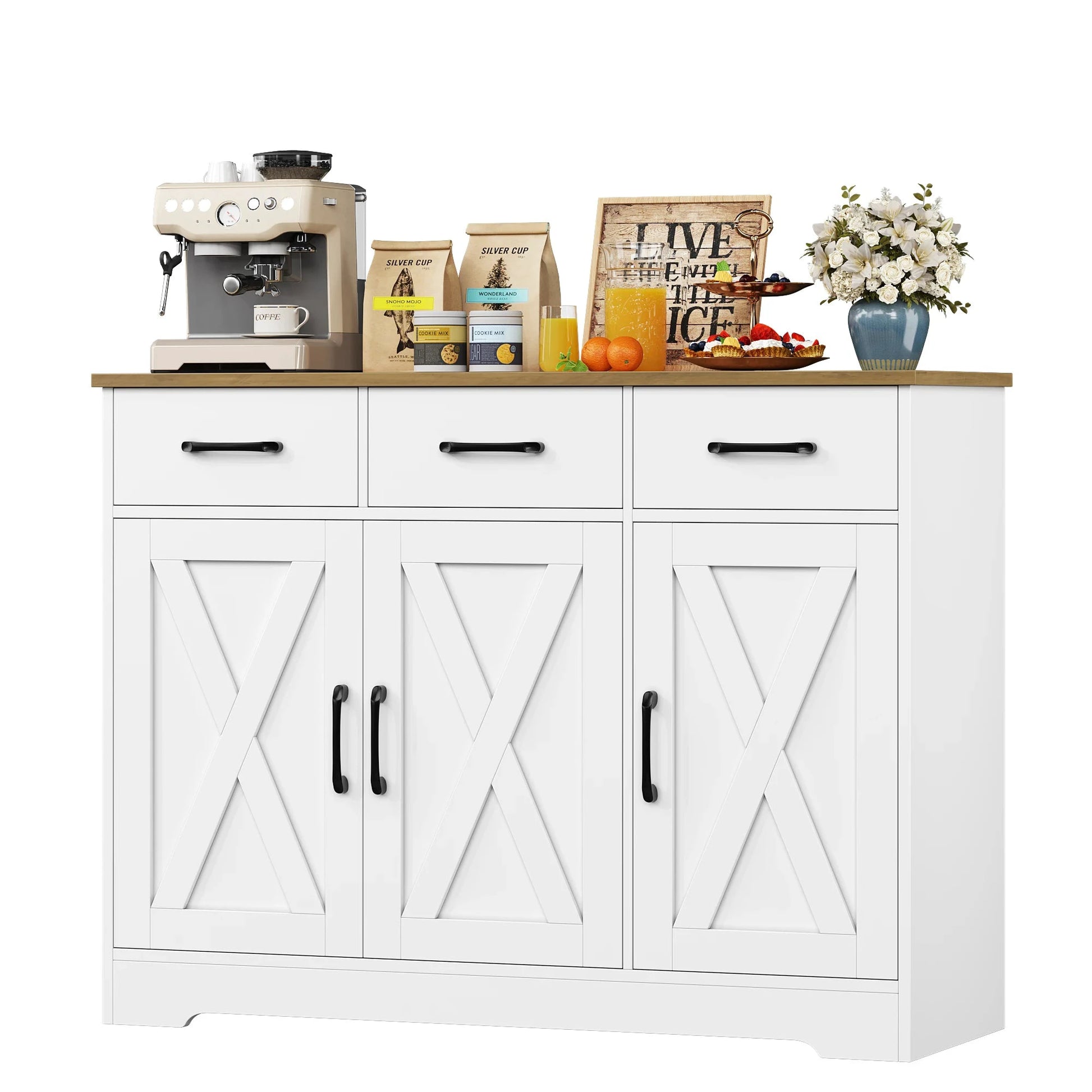 Sideboard, Küchenschrank mit 3 Schubladen und 3 Türen für Küche, Buffetschrank mit Arbeitsplatte, für Esszimmer, Wohnzimmer, Hol by Golden Bridge Store
