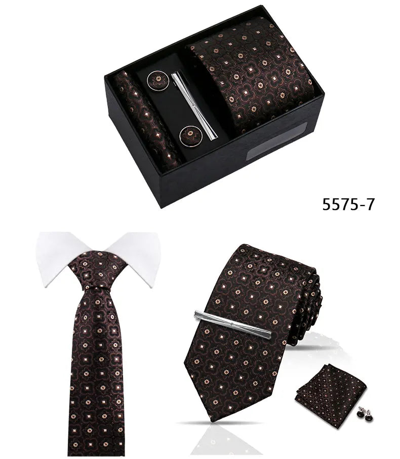 Elegant Men's Suit Necktie Gift Box Set Floral Tie Handchief Cufflinks Tie Clip 4-Piece Business Wedding Party Suit Accessories
