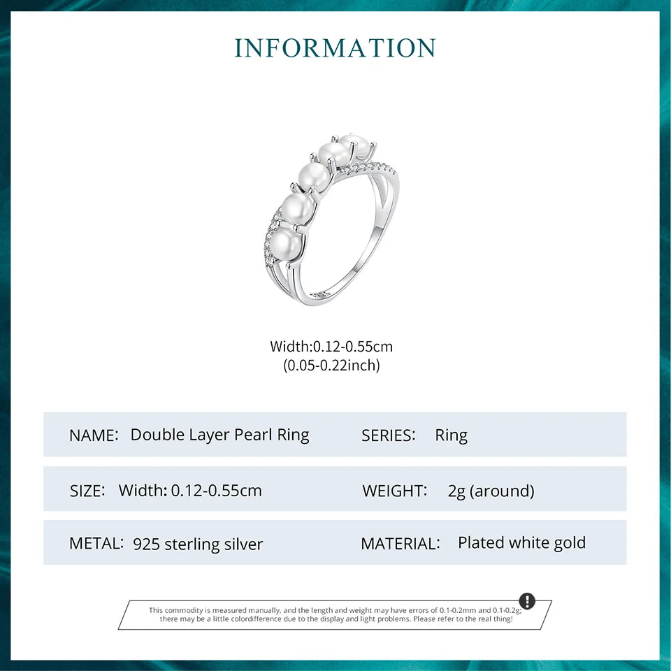 BISAER 925 Sterling Silver Pearl Ring Double Layer White Gold Zircon For Elegant Women Wedding Engagement Original Fine Jewelry