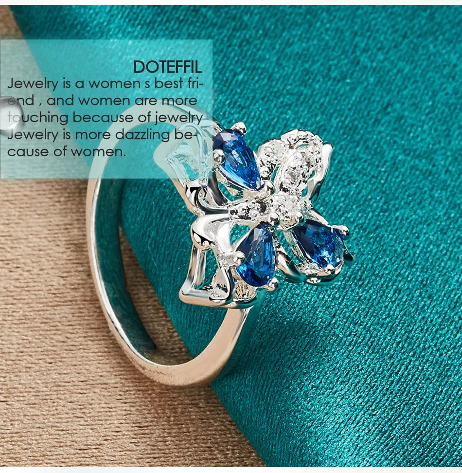 DOTEFFIL 925 Sterling Silver Blue AAA Zircon Fluture Inel Pentru Femei Moda Nuntă Logodnă Petrecere Cadou Charm Bijuterii