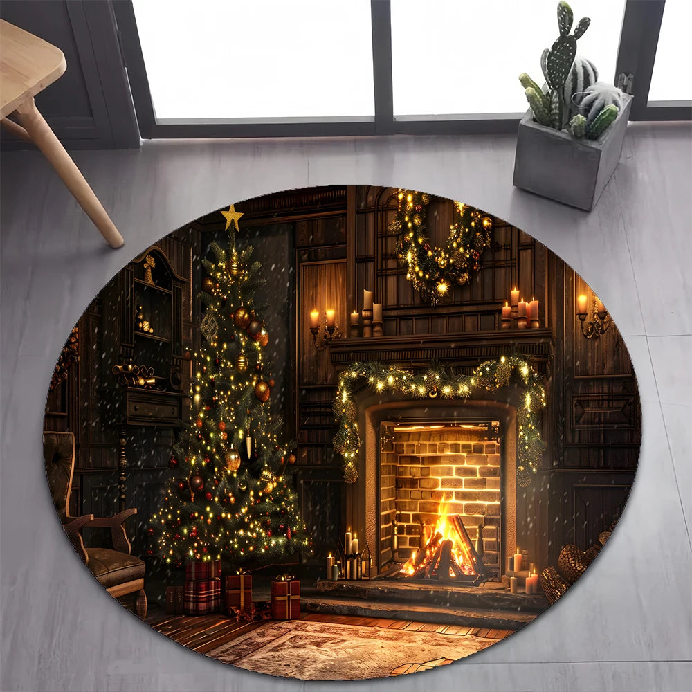 Cute Santa Claus Merry Christmas Tree Cartoon Festival Gift Round Carpet Rug for Bedroom Living Room Decoration,Decor Floor Mat