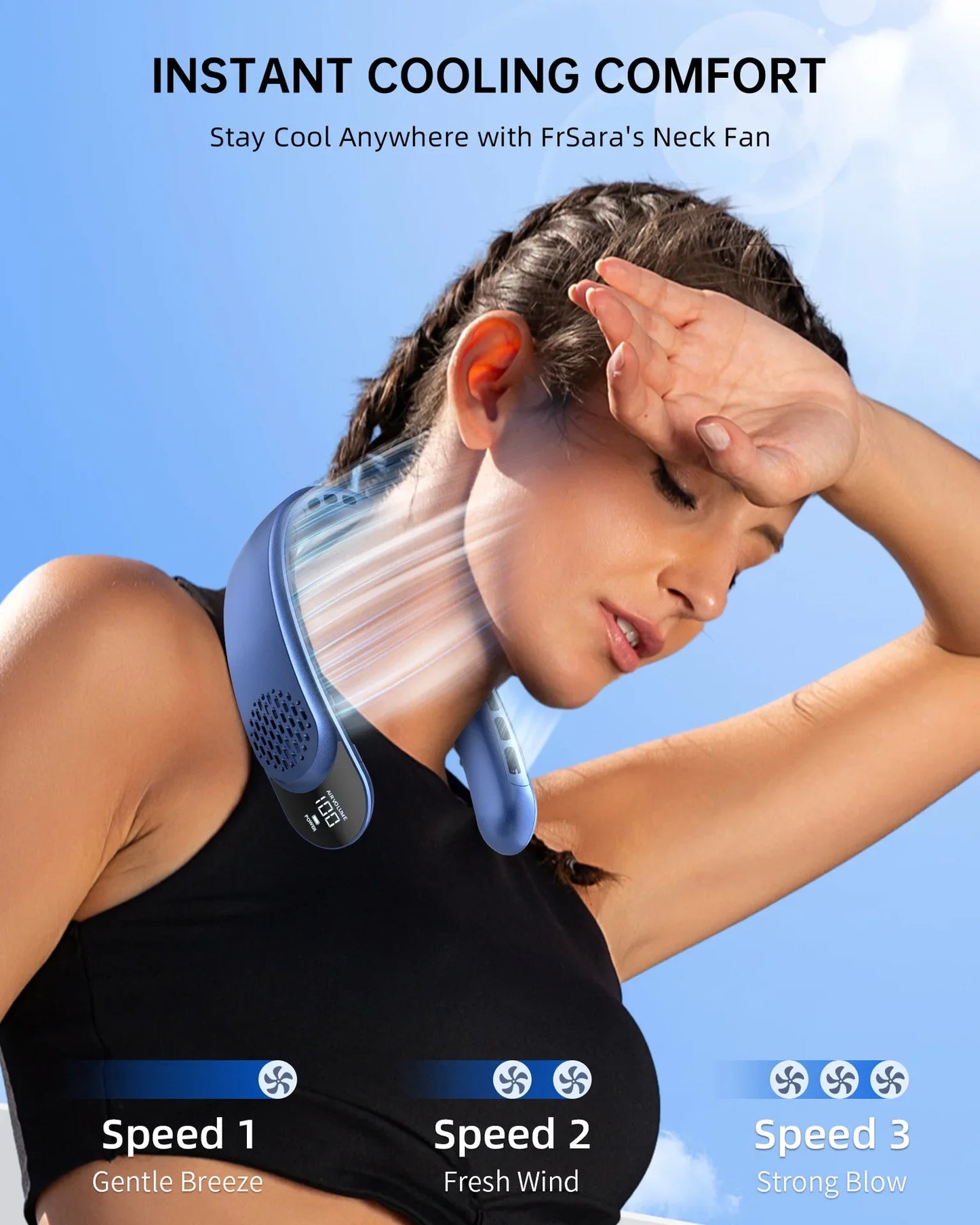 4000mAh Leafless Portable Neck Fan 3 Gears Adjustable Super Strong Wind Fast Cooling Multi-Function Digital Display Neck Fan