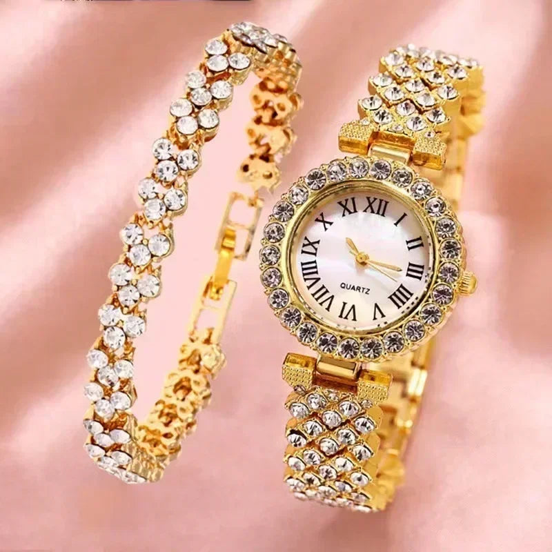 Mode Luxus Vollkristall 5-teiliges Set - Uhr Halskette Ohrringe Ring Set für Damen - Strass Armbanduhr Damen Armband Set Geschenk