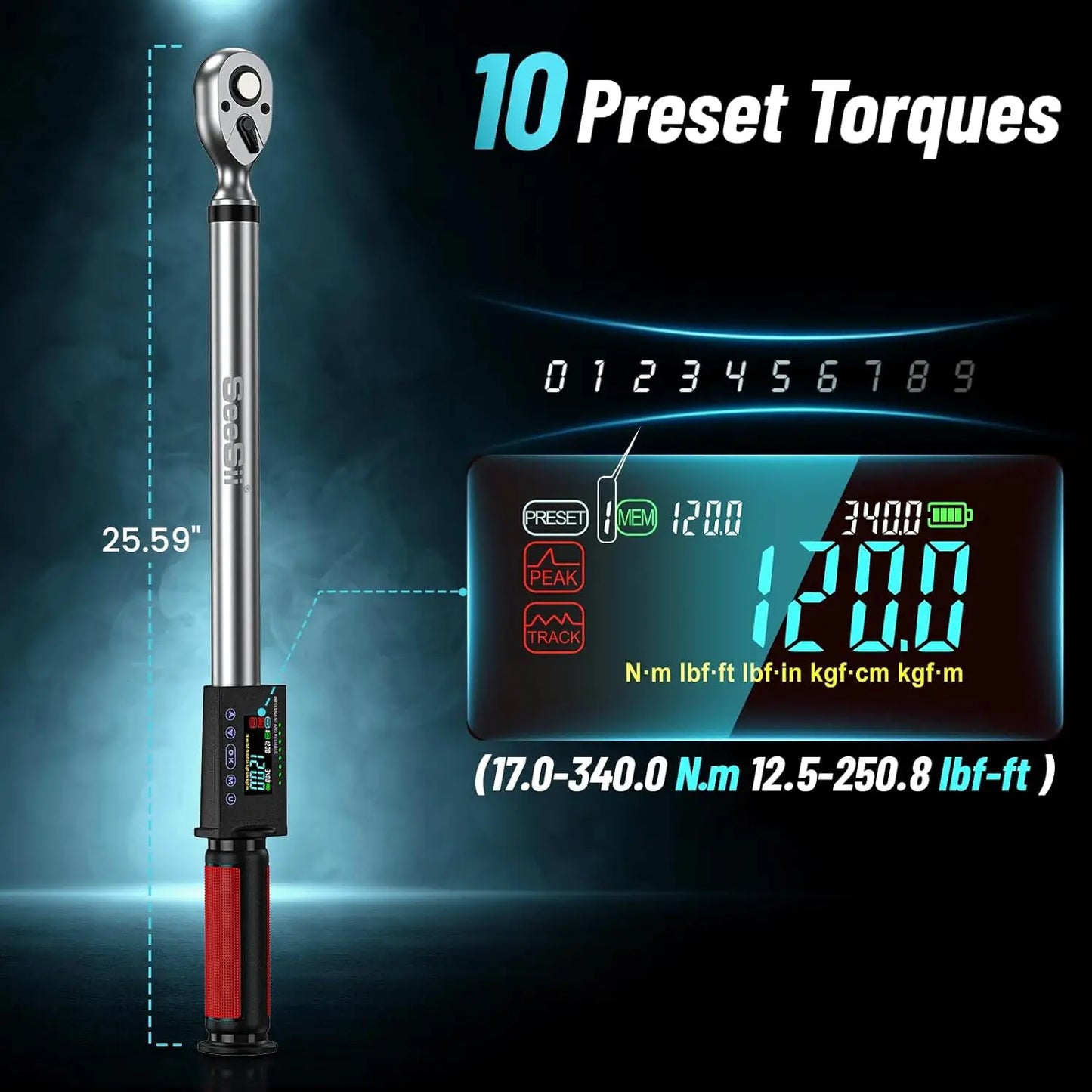 Seesii 1/2'' Elektrischer Drehmomentschlüssel-Kit 2% Drehmomentschlüssel-Genauigkeit 340N.m Digitaler Drehmomentschlüssel mit 3 einstellbaren Modi für Auto-Pflege