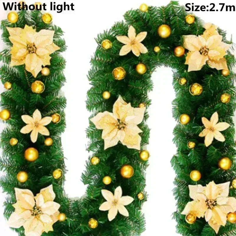 Weihnachts-LED-Rattan-Girlande, 270 cm künstlicher Kranz mit Lichtern für Weihnachtsbaum, Haustür, Kamin, Treppen, Zuhause, Party-Dekoration