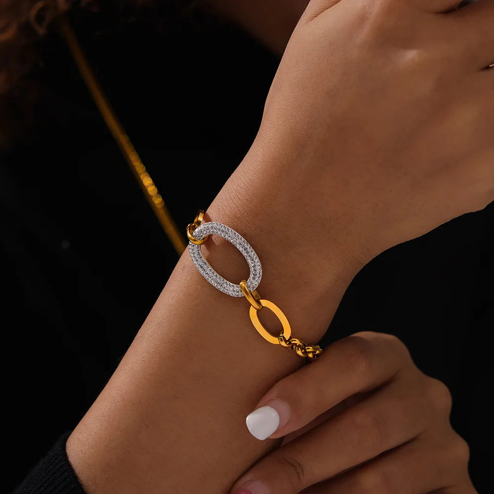 Luxus Strass Runder Anhänger Halskette - Edelstahl Goldplattiert Armband Schmuck Set - Damen Hochzeit Accessoires