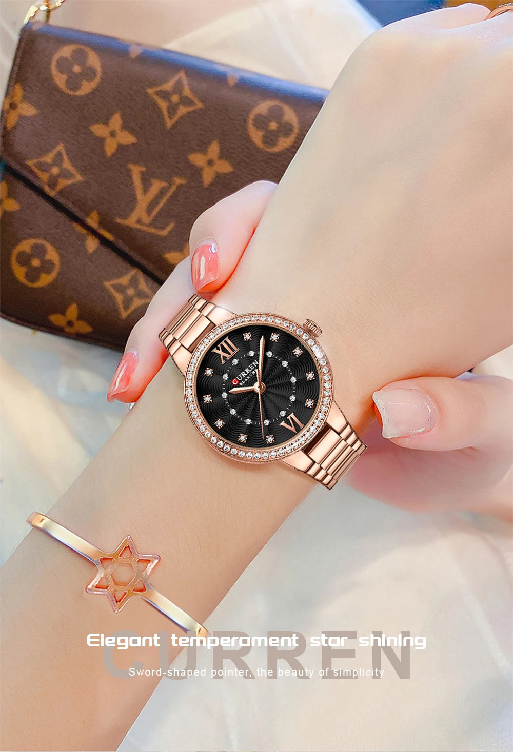 CURREN Luxus Uhr Damen Ring Halskette Ohrringe - Strass Mode Armbanduhr Weiblich Casual Damen Uhren Armband 5-teiliges Set