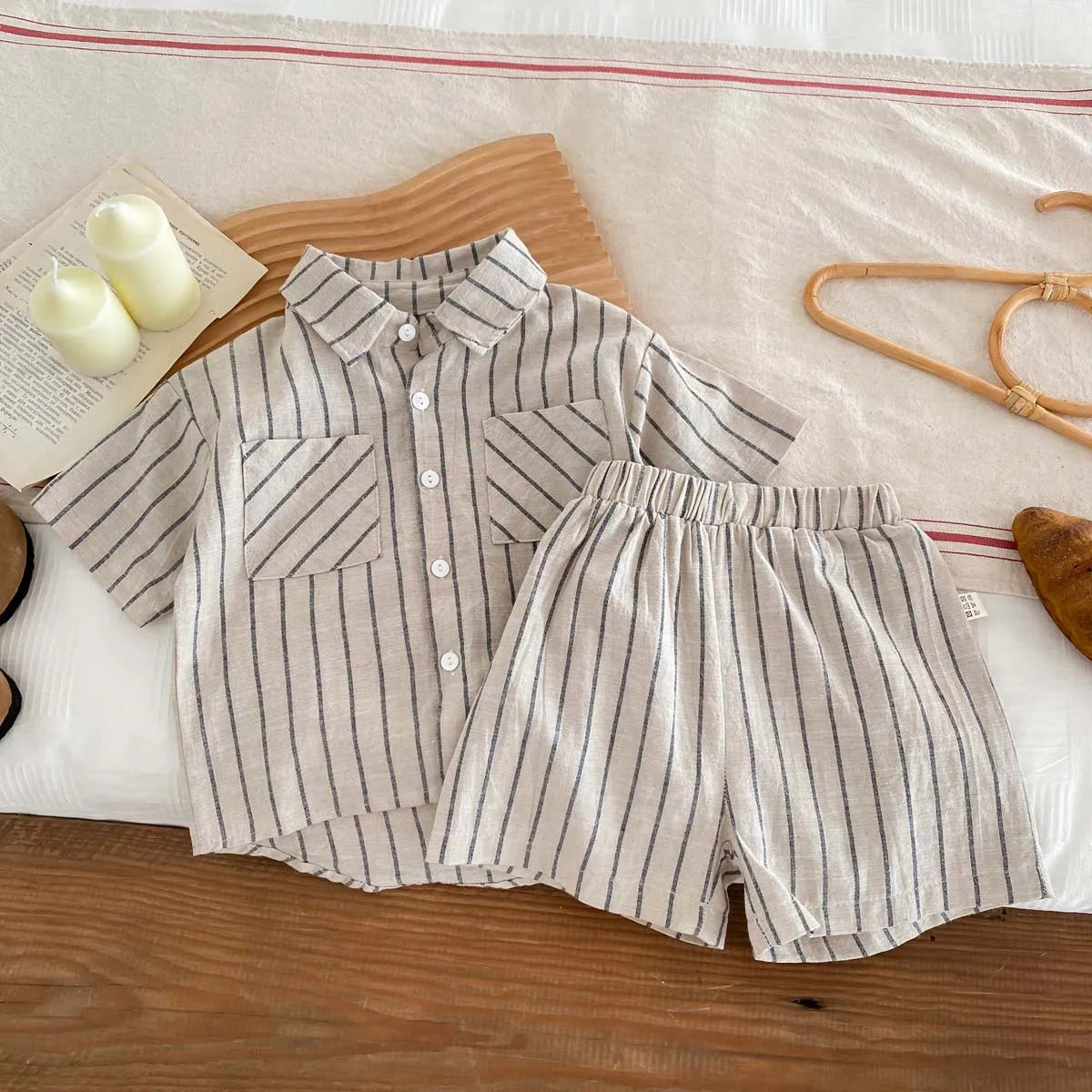 Children Korean Style Retro Striped Short Sleeve Shirt+Shorts Set for Toddler Boys Girls Baby Summer Thin Casual Fashion Outfit
