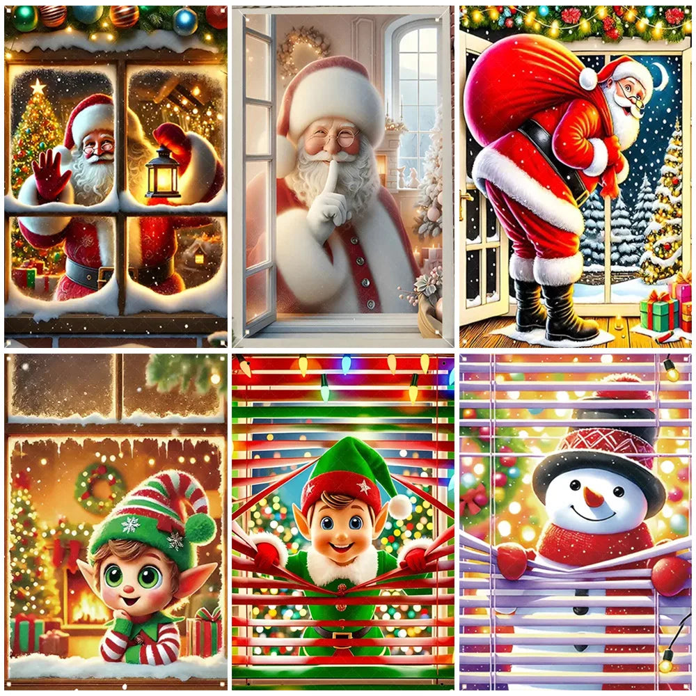 Merry Christmas Door Banner Santa Claus Window Hanging Christmas Tree Snowman Backdrop Cute Elf Room Supplies Party Decorations
