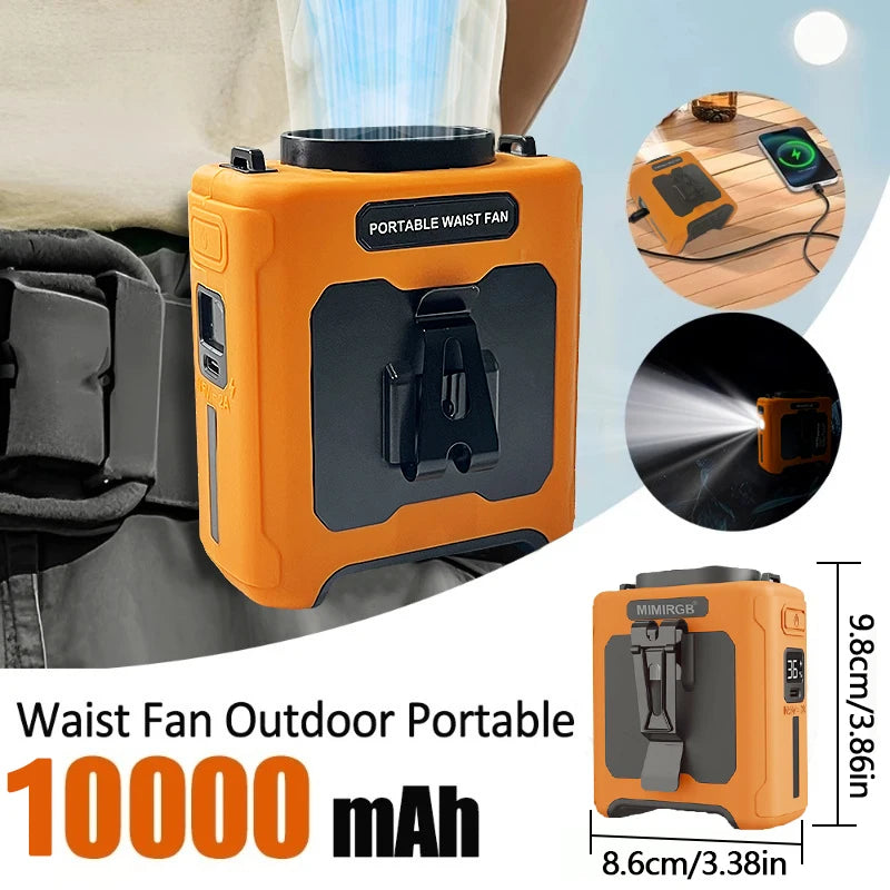Portable Waist Fan 10000mAh with Power Bank LED Lighting Hanging Neck Fan 5 Speed Strong Airflow Cooling Fan for Outdoor Working
