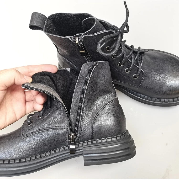 Ghete la gleznă Careaymade, piele naturală, variantă lată - mărime mare, înălțime toc 3-5 cm, căptușeală din lână