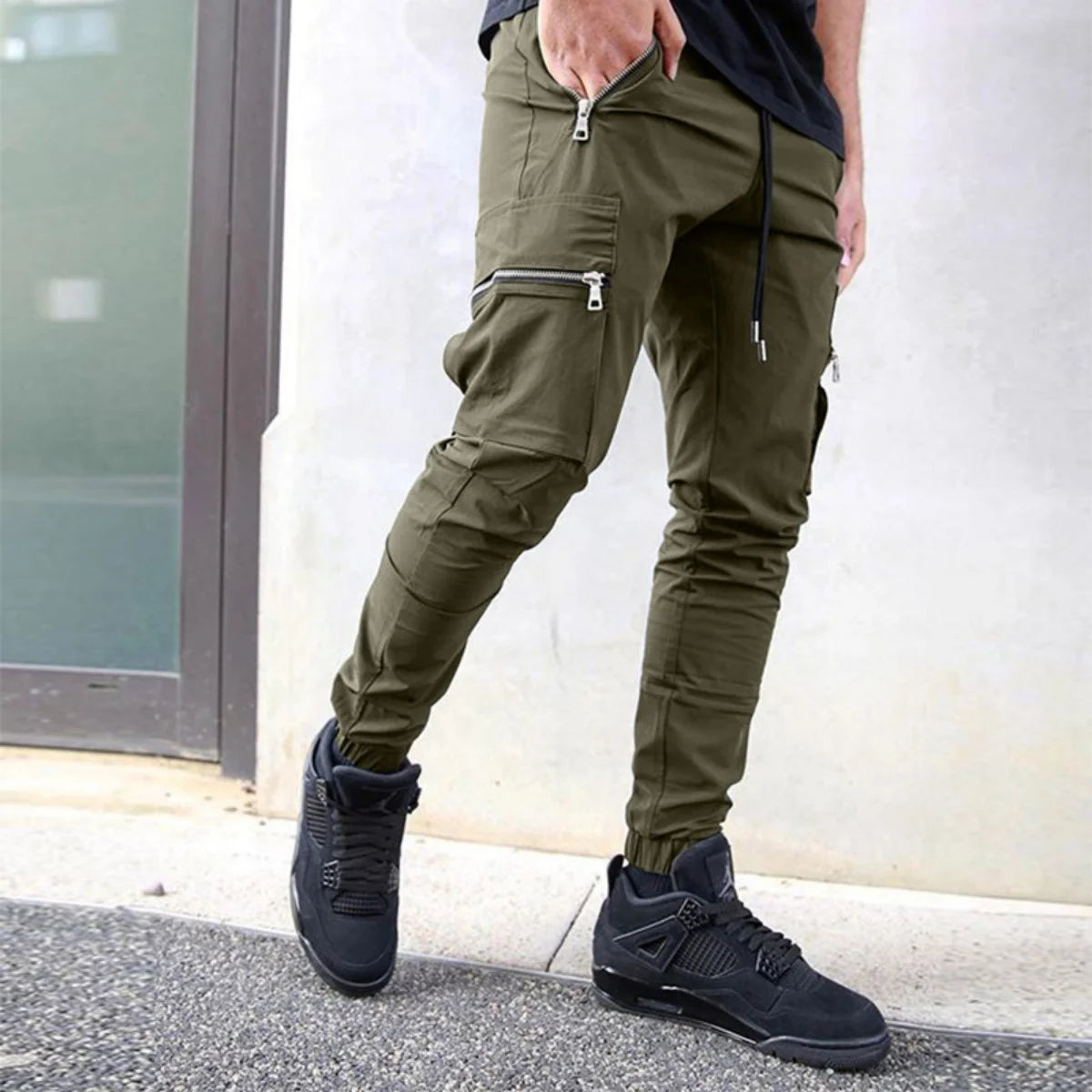 Salopetă casual pentru bărbați, primăvară și toamnă, nouă, cu cordon, personalitate, cu buzunar cu fermoar, pentru picior mic, pantaloni creion, pantaloni lungi