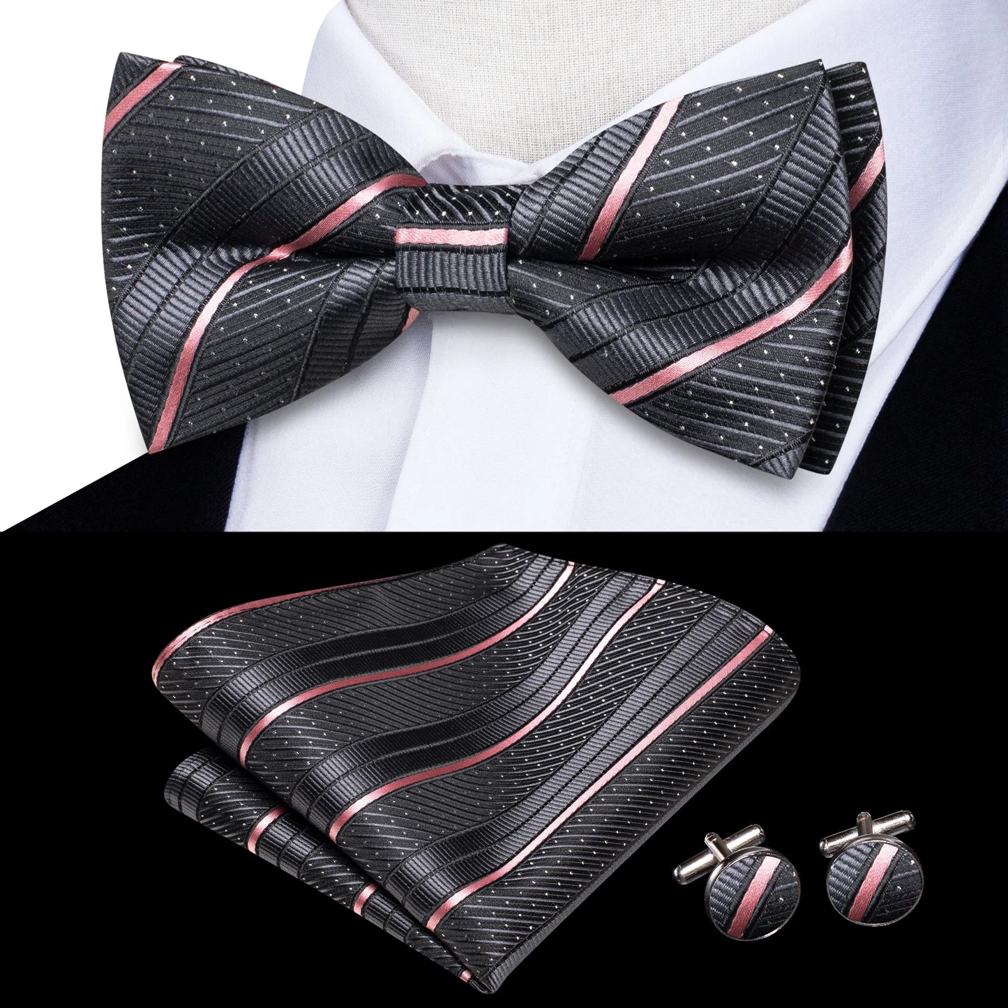 Hi-Tie Peach Pink Salmon Silk Mens Bow Tie Pocket Square Cufflinks Set Pre-tied Butterfly Knot Bowtie for Male Wedding Business
