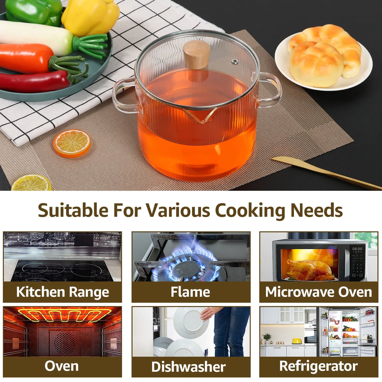 Glass Cooking Pot Transparent BorosilicateGlass Simmer Pot w/ Lid and Spout Heat Resistant Cooking Stovetop Pot Kitchen Soup Pot