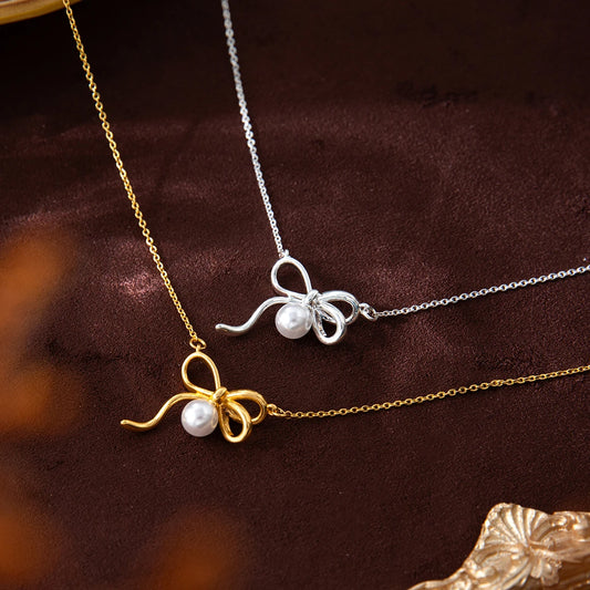 Colier cu pandantiv papion din perle, la modă și minimalist, cupru, protecție de culoare aur 18K electrolizat, cadou de Ziua Îndrăgostiților