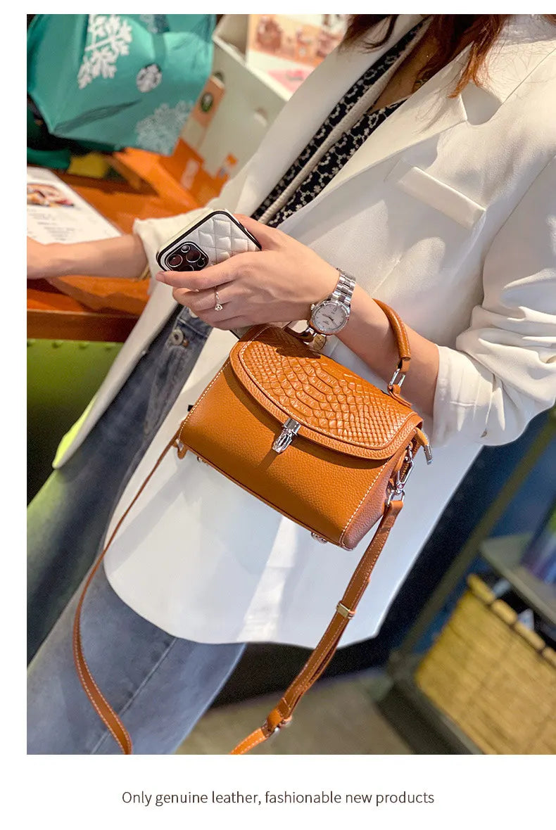 Genuine Leather Women Bag Fashionable Purse for Lady Temperament Crossbody Square Shoulder Bag Cow Leather Versatile Handbag
