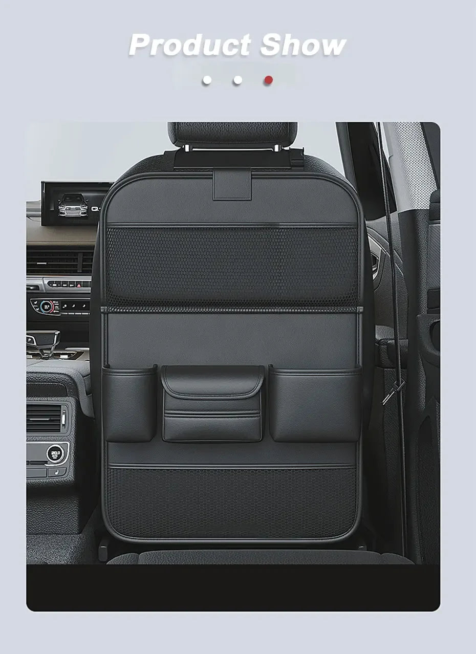 Car Seat Storage Bag Auto Back Seat Back Organizer with Foldable Table Tray PU Leather Tablet Holder Tissue Box Car Accessories