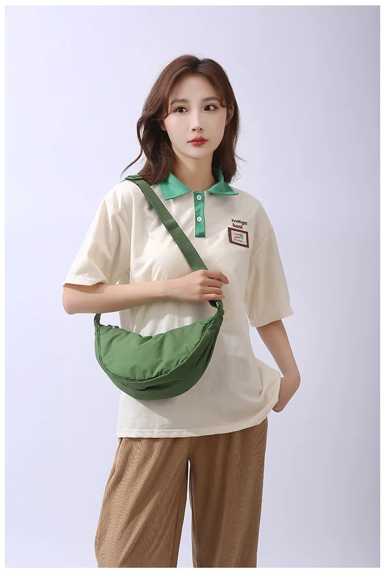 Solid Color Women's Portable Shoulder Bag Simple Female Nylon Cloth Padded Crossbody Bags Travel Purse Handbags Messenger Bag