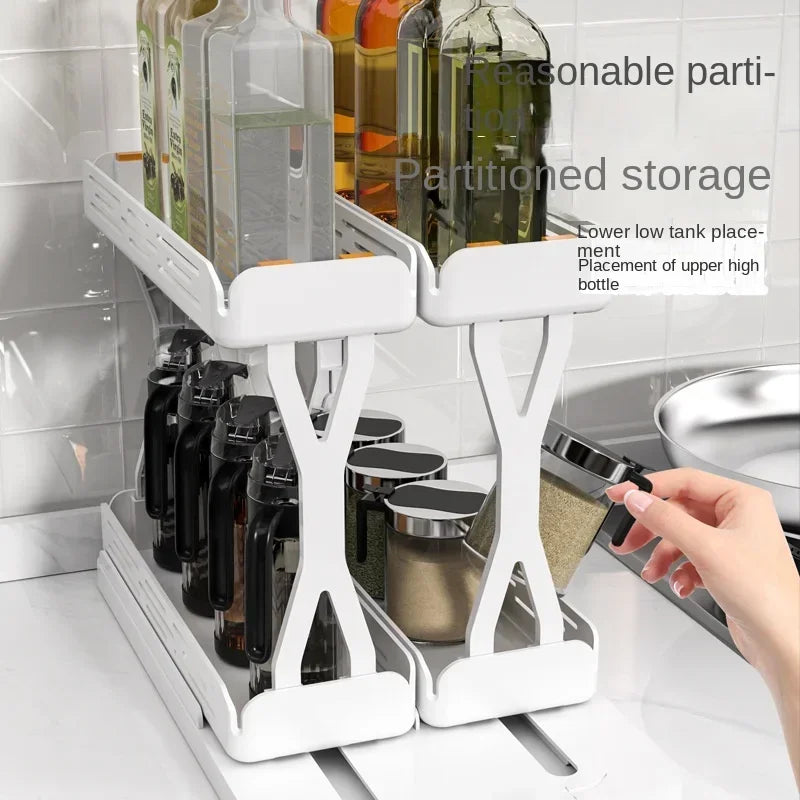 Kitchen Rotating Spice Rack 2 Tier Plastic Seasoning Spice Detachable Jar Storage Rack Pull Out Kitchen Cabinet Organiser