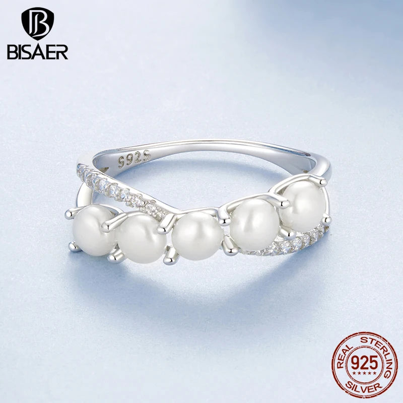 BISAER 925 Sterling Silver Pearl Ring Double Layer White Gold Zircon For Elegant Women Wedding Engagement Original Fine Jewelry