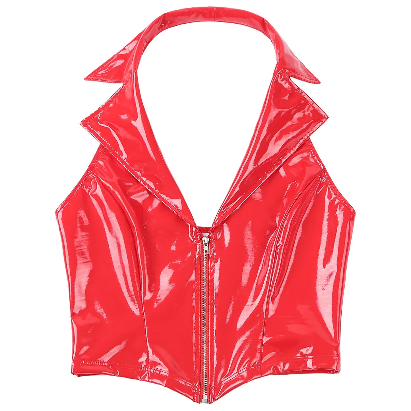 Womens Deep V Neck Front Zipper Latex Vest Tops Glossy Patent Leather Notch Lapel Slim Fit Waistcoat PU Leather Camisole Tops