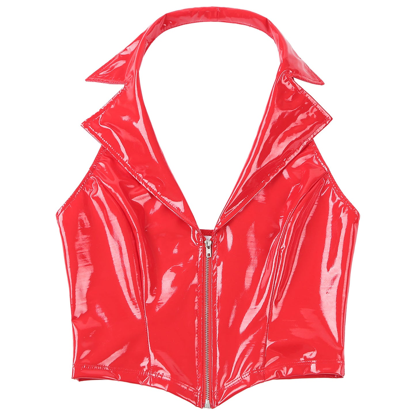 Womens Glossy Patent Leather Latex Vest Tops Rave Outfit Clubwear Glossy Corset Waistcoat Notch Lapel Slim Fit Camisole Crop Top