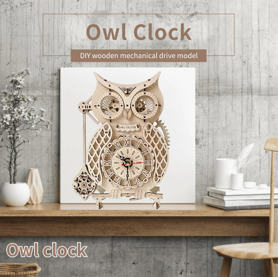 Holz-Puzzle 2025: Wooden 3D Owl Clock Model - Creative DIY Wall Clock Mechanical Retro Pendulum Collection