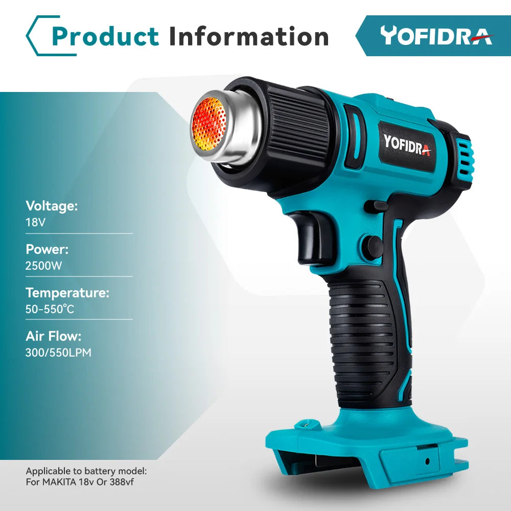 Yofidra 2500W Electric Hot Air Gun - 6 Gears Adjustable LED Temperature Display Soldering Thermal Blower For 21V 18V Battery