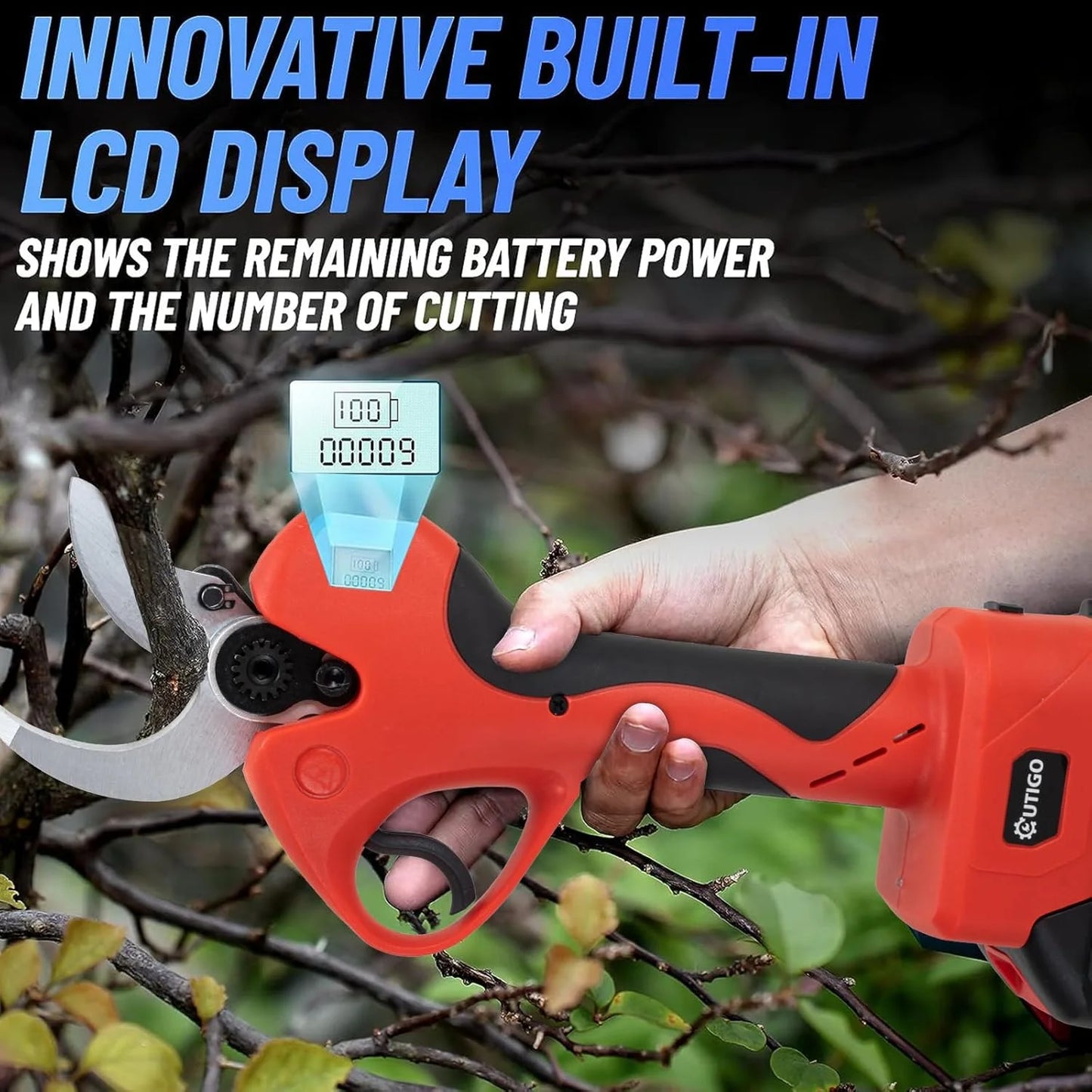 OUTIGO Elektrische Gartenschere - 40mm mit Display 2x 3.0Ah Akkus für Obstbäume und Weinberge Karbonstahl