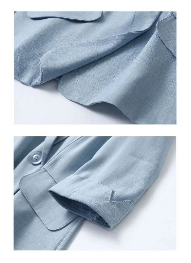 Blue Solid Casual Turn-Down Collar Single Button Three Quarter Sleeve Women's Jacket Suit Blazer Short Jackets Coat 2024 Fashion