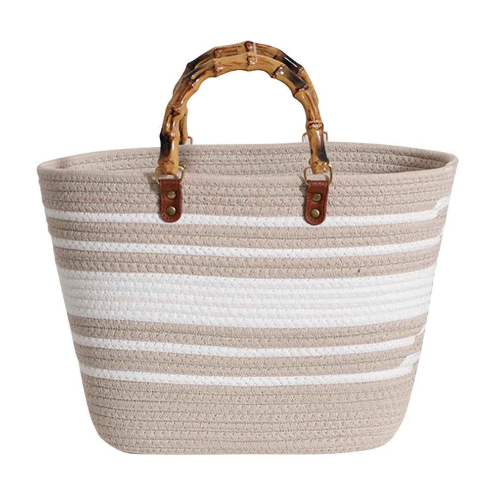 Beach Vacation Bags Bamboo Handle Holiday Hand Bag Large Capacity Striped Portable Casual Fashion Exquisite for Seaside Party