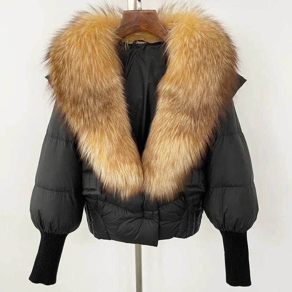 Winter girls jacket with real raccoon fox fur loose fit coat