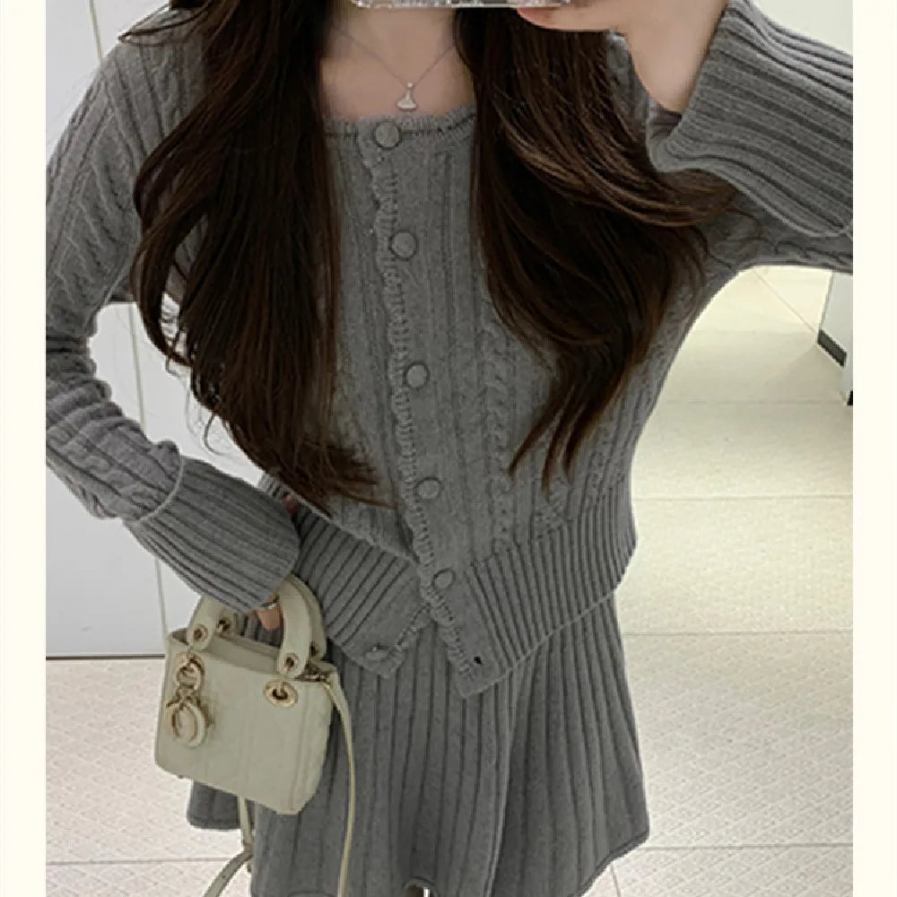 ZJOAN SHOWCN O-Neck Cardigan Set - Knopfverschluss Kurzrock Elastischer Bund Grau Khaki Größe Regular Extra-Heavy