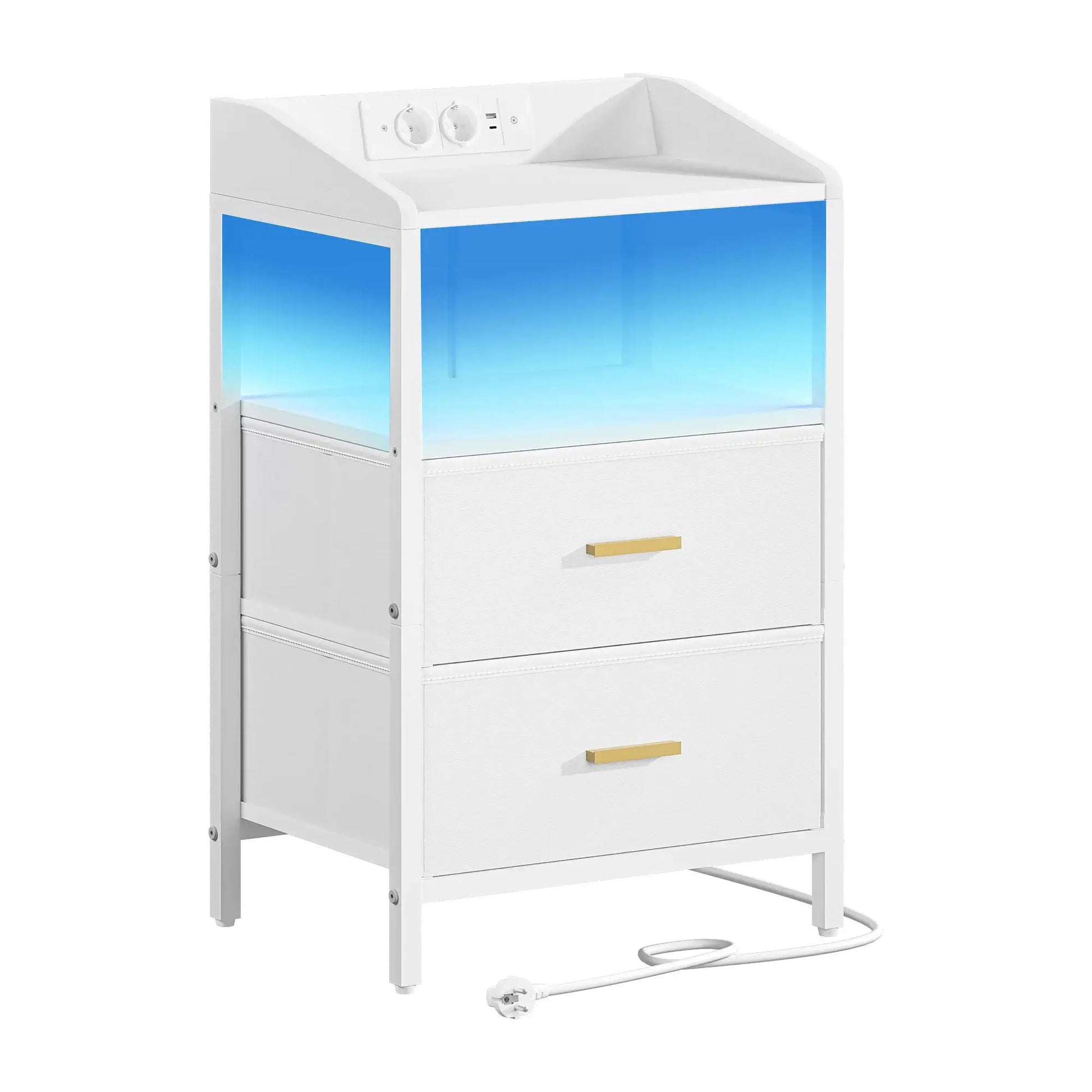Nachttisch mit LED-Beleuchtung und Ladestation, Beistelltisch mit 2 Stoffschubladen und Ablagen, mit USB-Anschlüssen by Golden Bridge Store