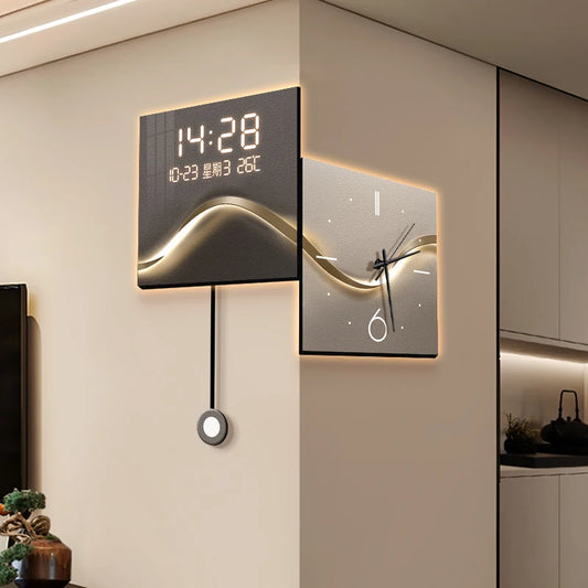 Home Decor Rear LED Light Corner Wall Clock Home Living Room Decorative Corner Double Sided Clock Digital and Analog Clocks