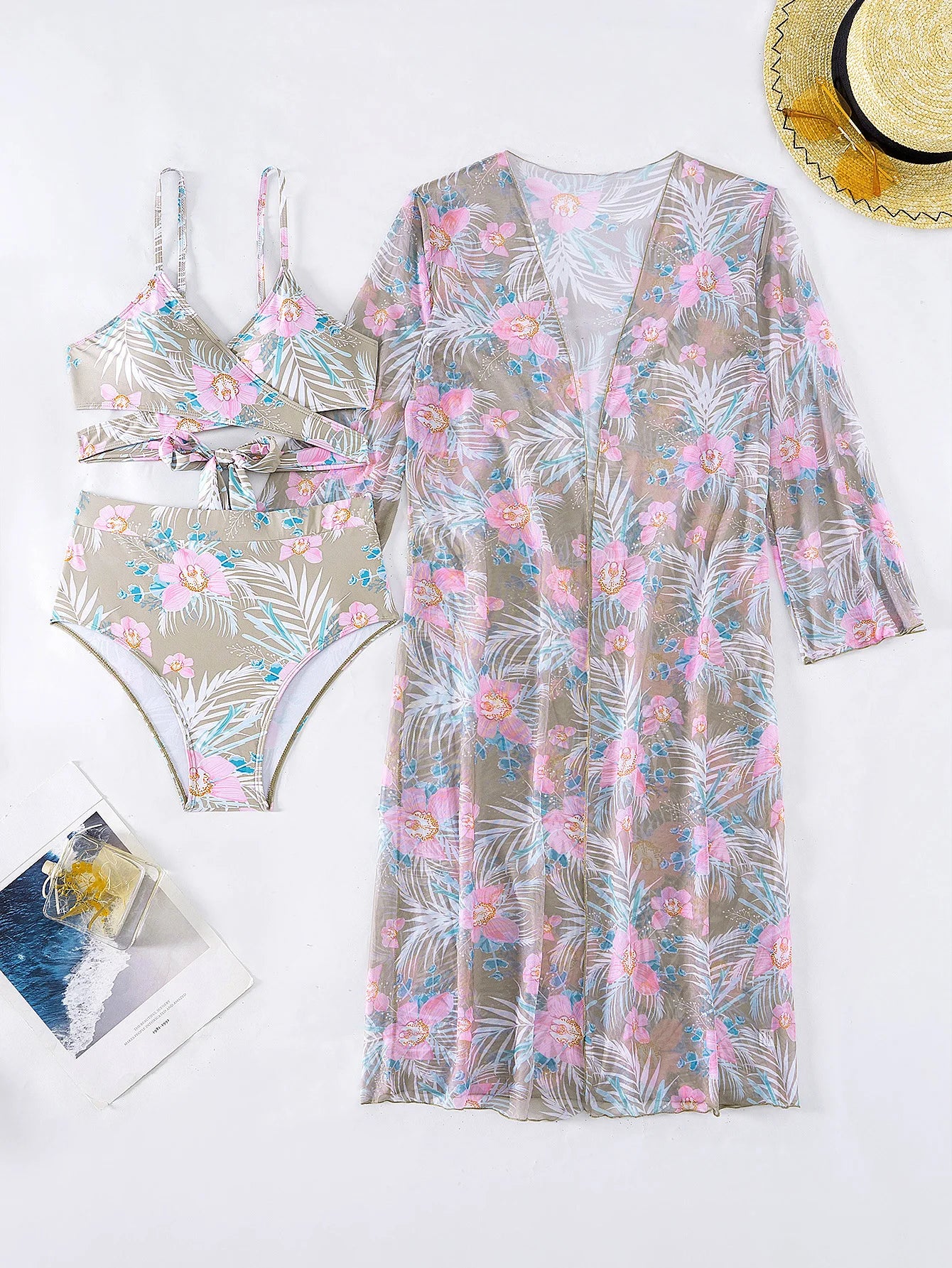 Sommer Print Schwimmanzüge: ASKATE Verbesserte Unterstützung Wire-Free Support Nylon Spandex - Dreiteilig High Waist Strand Wear Floraler Print