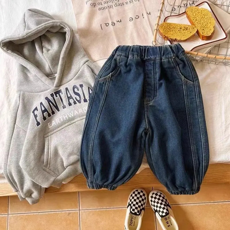 Jeans For 1-8Y Boys Autumn Winter Solid Spliced Cotton Kids Boys Trousers Fashion Velvet Thicken Children Boys Warm Jogger Pants
