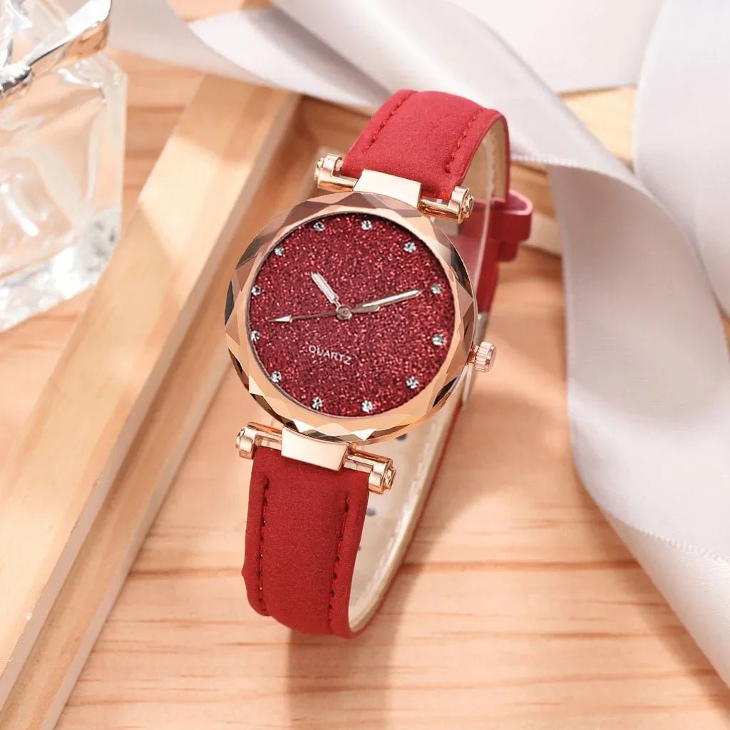 Casual Uhren Damen Romantischer Sternenhimmel - Uhr Armband Leder Strass Designer - Damen Uhr Einfaches Kleid Geschenk
