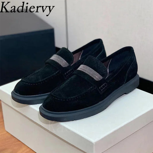 Luxus Damen Flache Schuhe 2025 - Wildleder Kette Perlen Runde Zehen - Slip-On Loafer Komfort Walking Schuhe