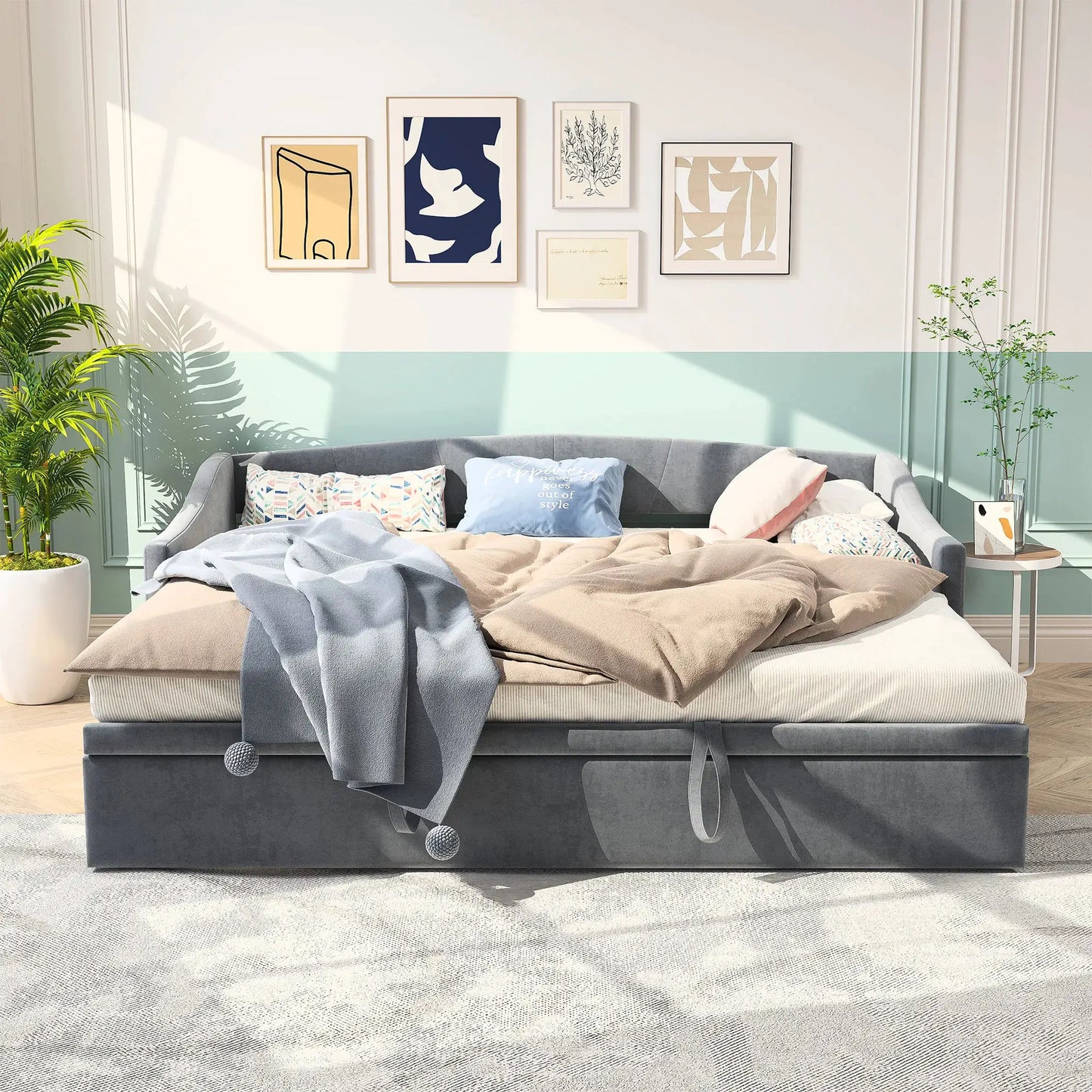 Schlafsofa Ausziehbar Mit Samtbezug Und Rückenlehne Grau