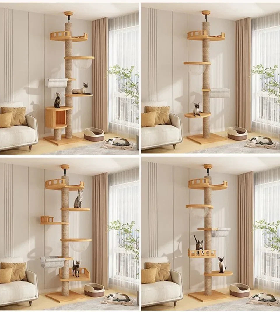 Cats Tree Floor Solid Wooden Cat Tree House Climbing Pets Furniture Adjustable Kitten Trees Tower Multilayer Cat Climbing Frame