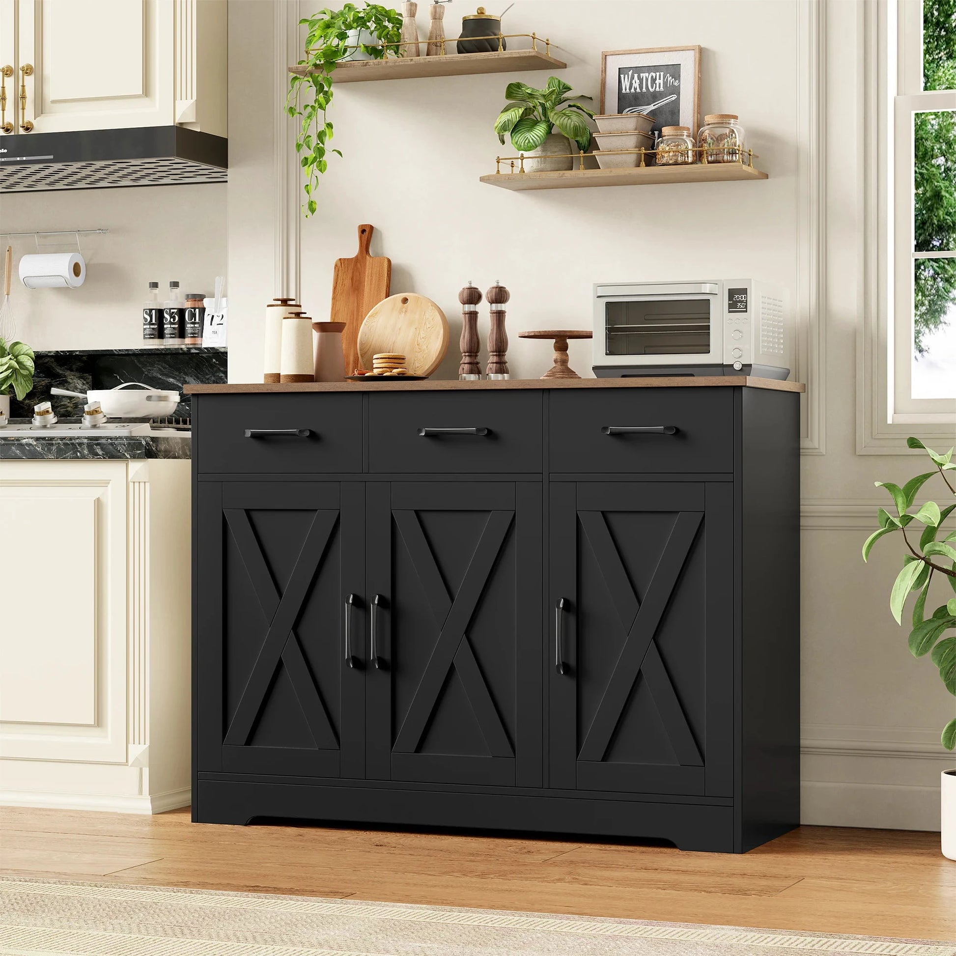 Sideboard, Küchenschrank mit 3 Schubladen und 3 Türen für Küche, Buffetschrank mit Arbeitsplatte, für Esszimmer, Wohnzimmer, Hol by Golden Bridge Store