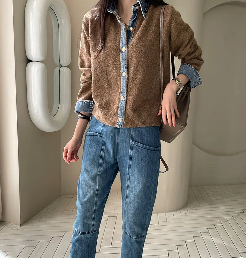 BigLargiCN Strickcardigan Herbst Denim Patchwork Damen Korean Stil - Gewicht 120–220 g/m² Länge Regular Lockere Passform
