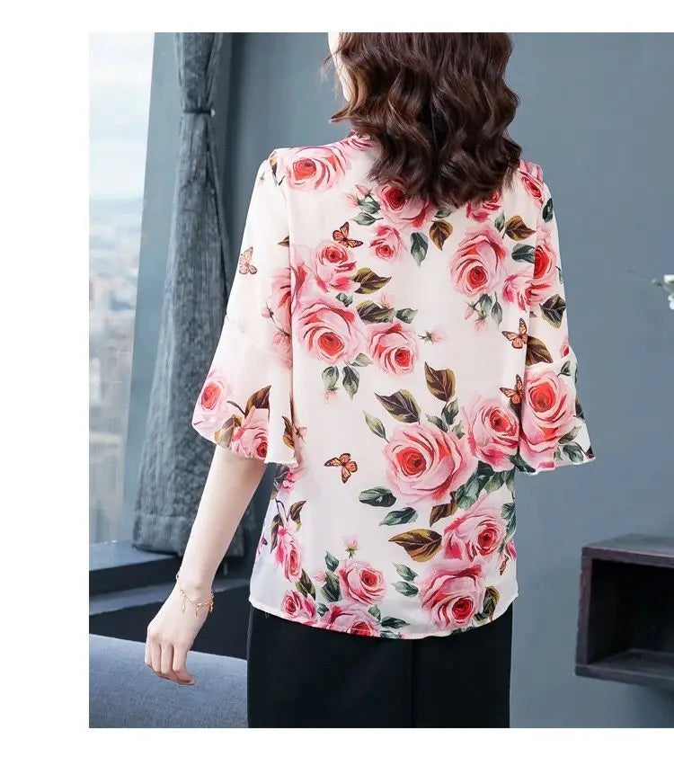 Elegant Fashion Floral Printed Bow Drawstring Chiffon Shirt Summer 2023 V-Neck Three Quarter Sleeve Slim Blouse Women's Clothing